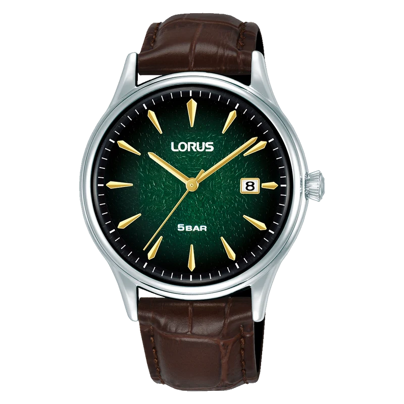 Lorus Classic RS997DX9 Herrenuhr Dunkelgrün • Mineralglas • Dunkelbraunes Lederarmband