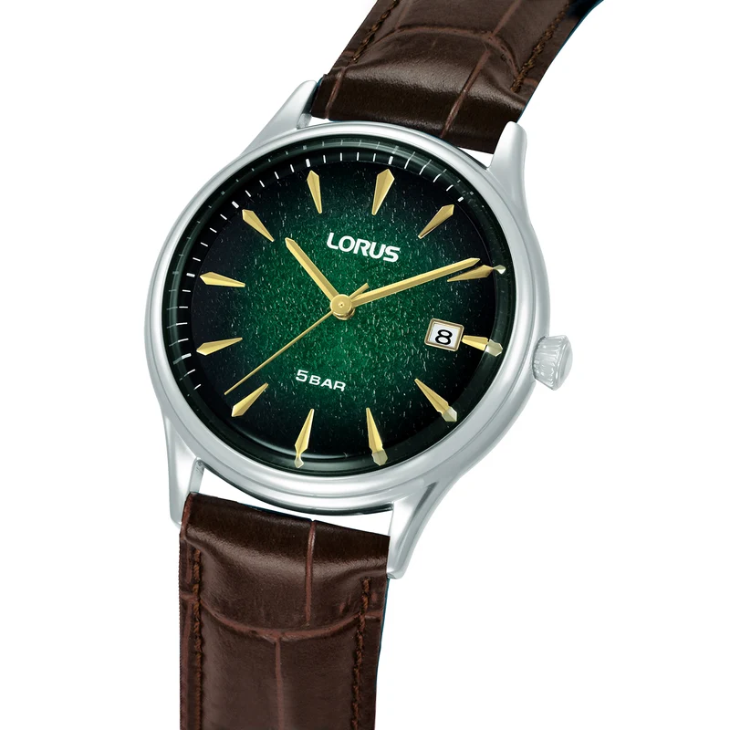 Lorus Classic RS997DX9 Herrenuhr Dunkelgrün • Mineralglas • Dunkelbraunes Lederarmband