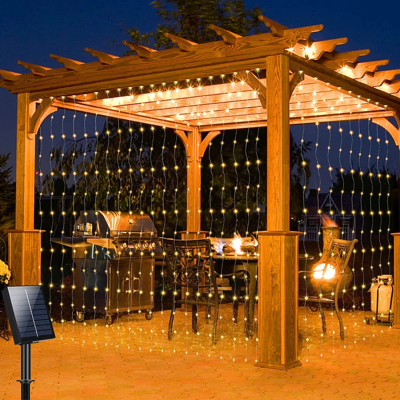 Zonne-energie Lichtgordijn voor Buiten 300 LED Warm Wit Waterbestendige Sfeerverlichting Tuin Terras | Sansoti