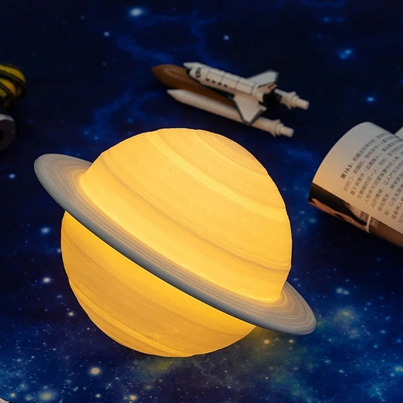 Zwevende Saturnus Lamp met Houten Standaard 3D Maan Effect Nachtlampje Kinderkamer Decoratie | Sansoti