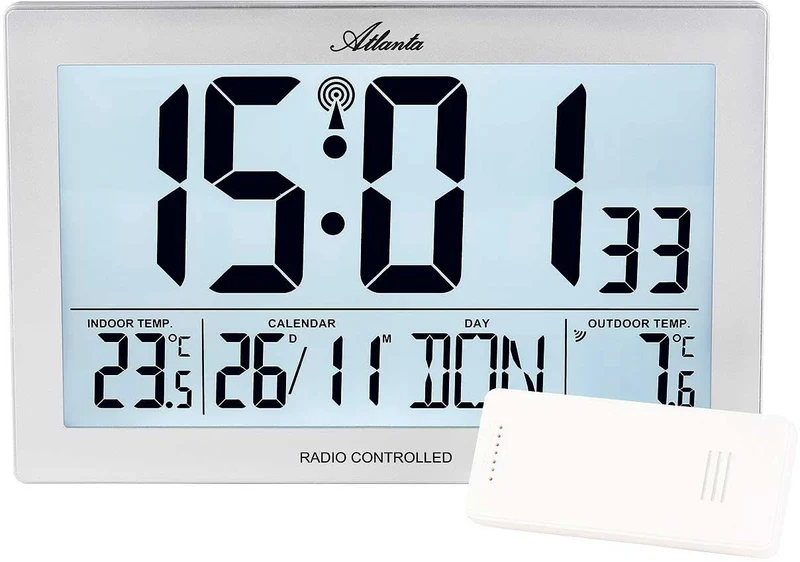 Atlanta Wanduhr 22,5x15 cm Kunststoff • Automatische Zeitanpassung • Innen-/Außentemperatur • Alarm