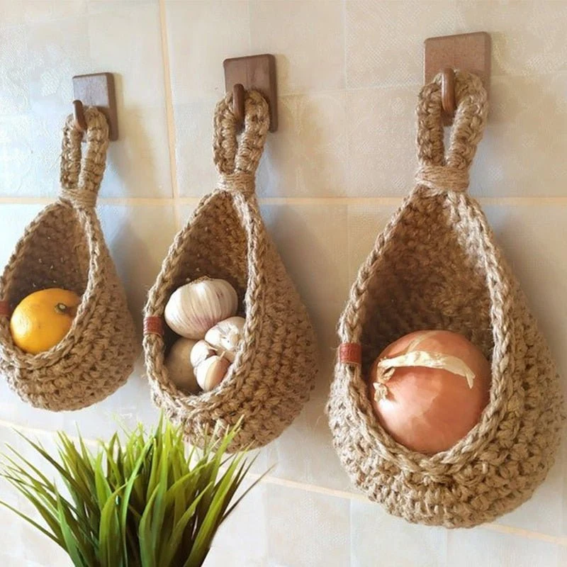 Gevlochten Hangmandjes van Henneptouw – Wandopberging Groenten & Fruit – Handgemaakt Boho Design | Sansoti