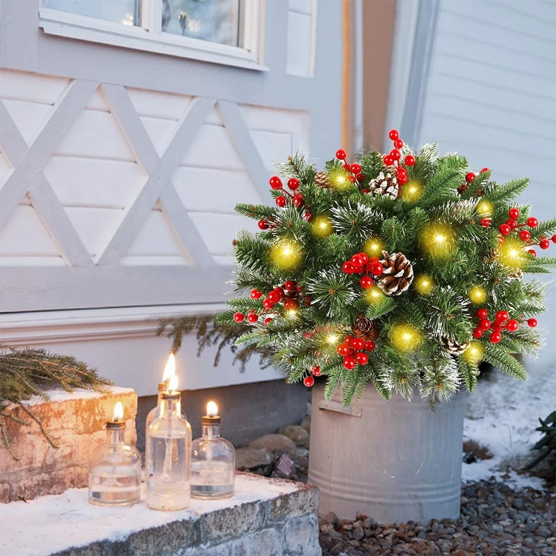 Verlichte Kerstkrans LED 50cm met Timer Batterij Dennenappels Besjes voor Binnen Buiten Deur Wanddecoratie | Sansoti