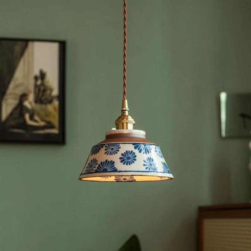 Handgeschilderde Keramische Hanglamp – Uniek Bloemmotief voor Eetkamer, Keuken & Café | Sansoti
