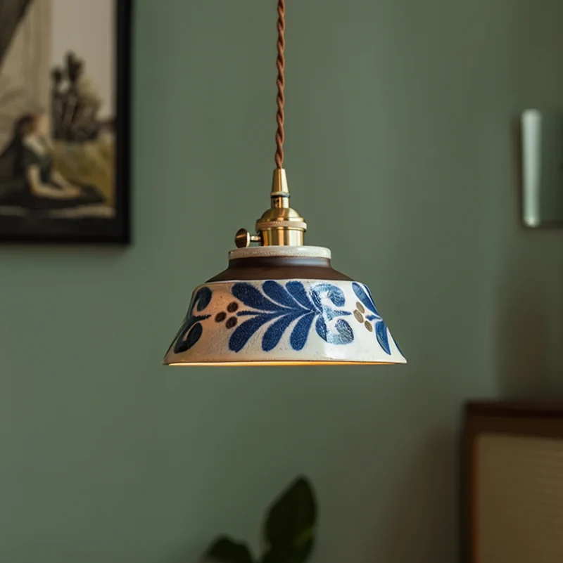 Handgeschilderde Keramische Hanglamp – Uniek Bloemmotief voor Eetkamer, Keuken & Café | Sansoti