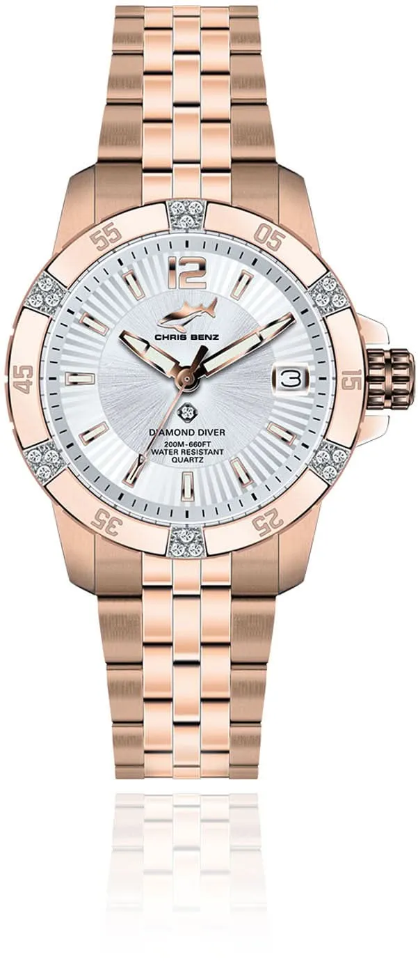 Chris Benz Diamond Diver CB-DD200-SIR-MBJ Damenuhr • 19 echte Diamanten • 200m wasserdicht