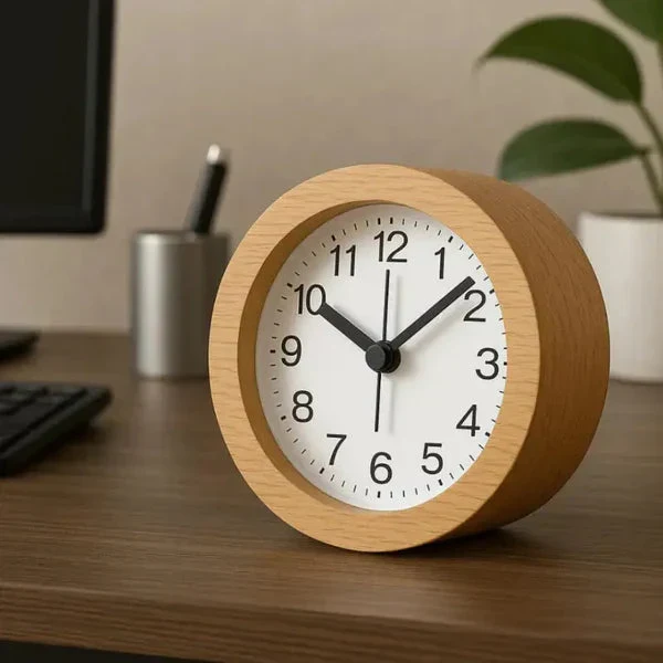 Stille Wekker van Beuken met LED-Nachtverlichting Analoog Quartz met Snooze-Functie | Sansoti