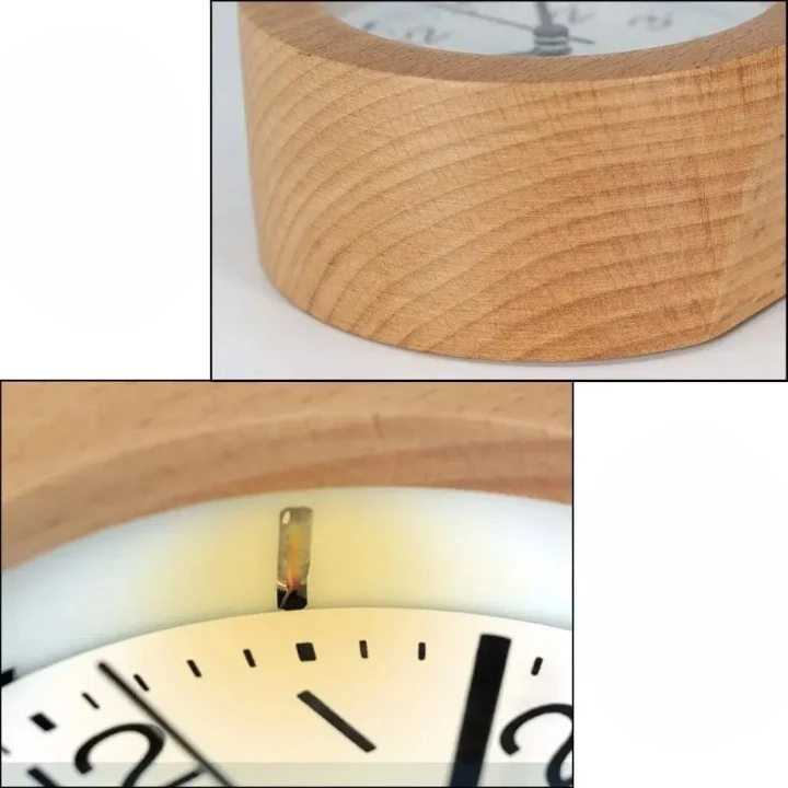 Stille Wekker van Beuken met LED-Nachtverlichting Analoog Quartz met Snooze-Functie | Sansoti