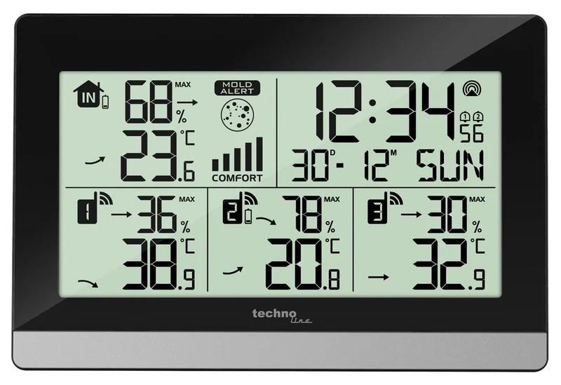 Wetterstation Technoline WS 7065 144x96x38mm schwarz/silber mit 3 Außensensoren 30m