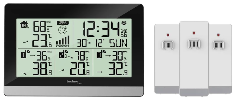 Wetterstation Technoline WS 7065 144x96x38mm schwarz/silber mit 3 Außensensoren 30m