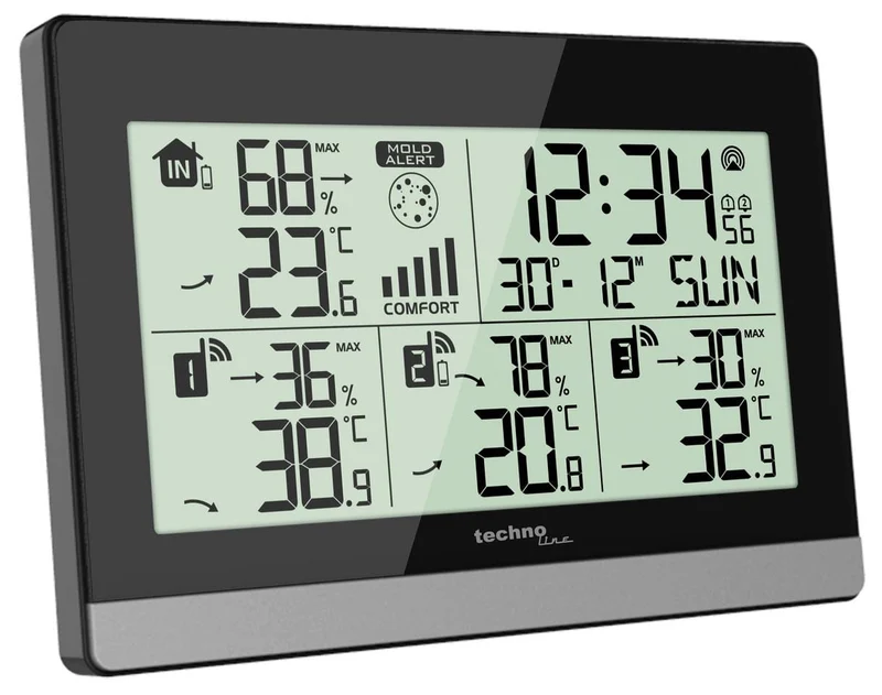 Wetterstation Technoline WS 7065 144x96x38mm schwarz/silber mit 3 Außensensoren 30m