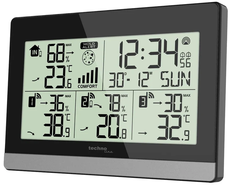 Wetterstation Technoline WS 7065 144x96x38mm schwarz/silber mit 3 Außensensoren 30m