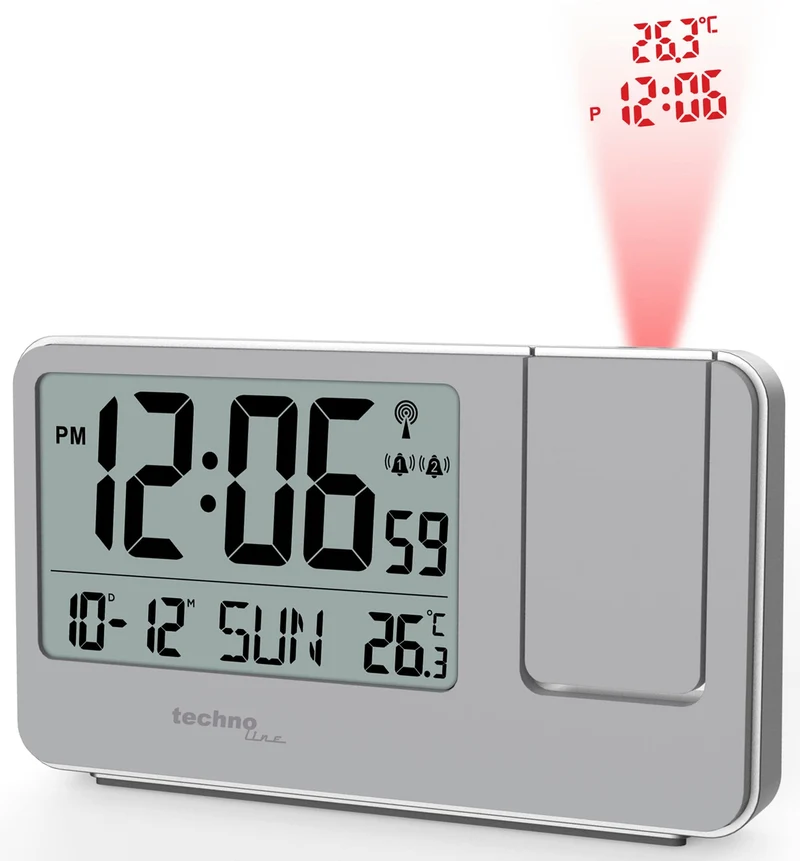 Digitaler Wecker - Funkgesteuert - Zeitprojektion - Alarm - Datums- und Temperaturanzeige - Technoline WT 534