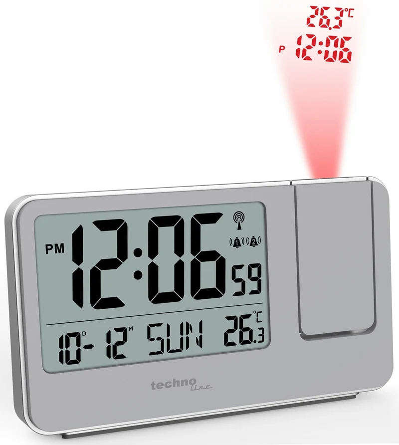 Digitaler Wecker - Funkgesteuert - Zeitprojektion - Alarm - Datums- und Temperaturanzeige - Technoline WT 534