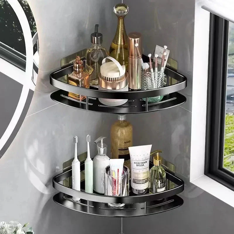 Aluminium Hoekplank voor Douche en Badkamer zonder Boren met Sterke Kleefpad Zwart Zilver | Sansoti