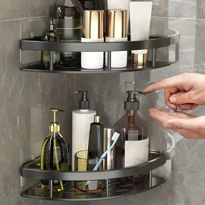 Aluminium Hoekplank voor Douche en Badkamer zonder Boren met Sterke Kleefpad Zwart Zilver | Sansoti