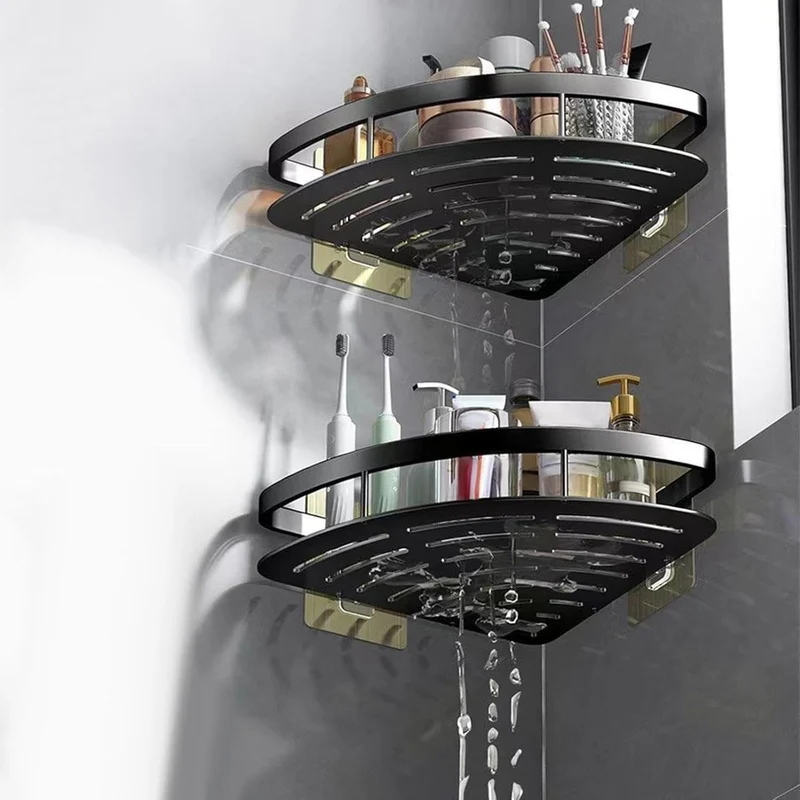 Aluminium Hoekplank voor Douche en Badkamer zonder Boren met Sterke Kleefpad Zwart Zilver | Sansoti