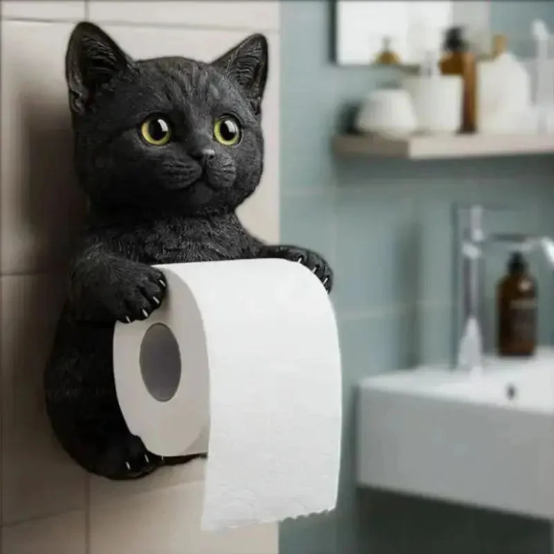 Toiletrolhouder Kat Kunsthars – Wandmontage Wc-Papierhouder met Kattenfiguur | Grijs Wit Zwart Oranje | Sansoti