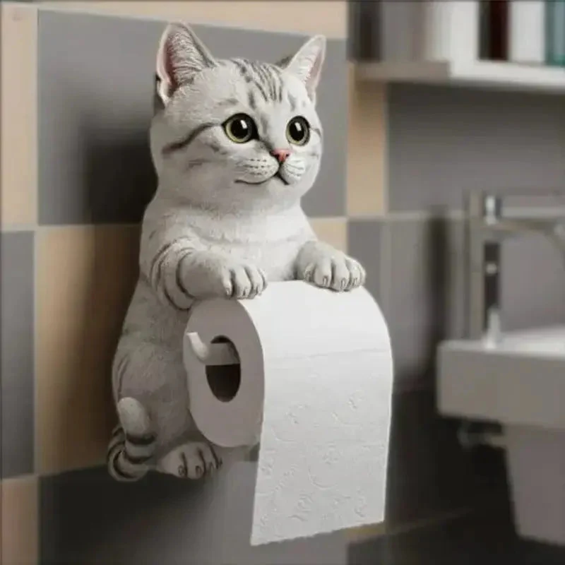 Toiletrolhouder Kat Kunsthars – Wandmontage Wc-Papierhouder met Kattenfiguur | Grijs Wit Zwart Oranje | Sansoti