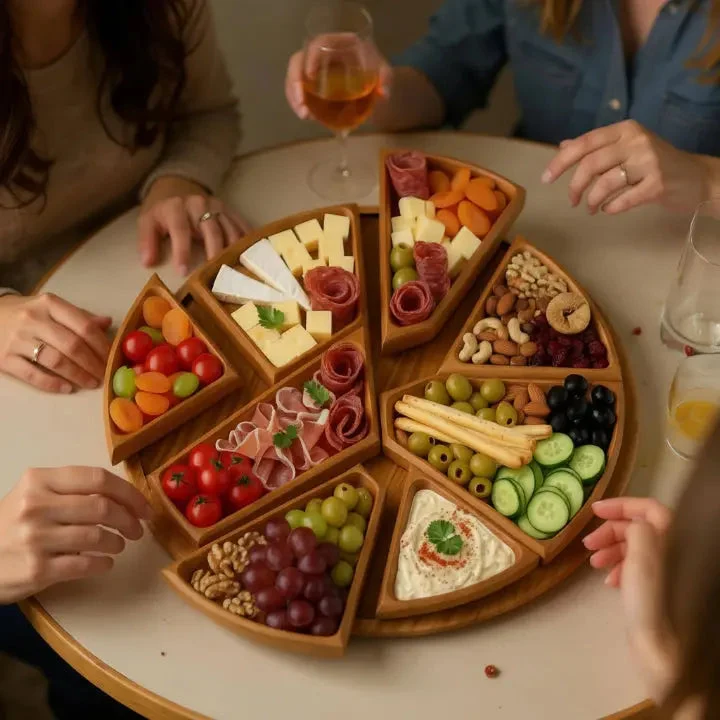 Houten Serveerschaal Set met 8 Uitneembare Vakjes Rond 25cm Naturel Hout | Sansoti