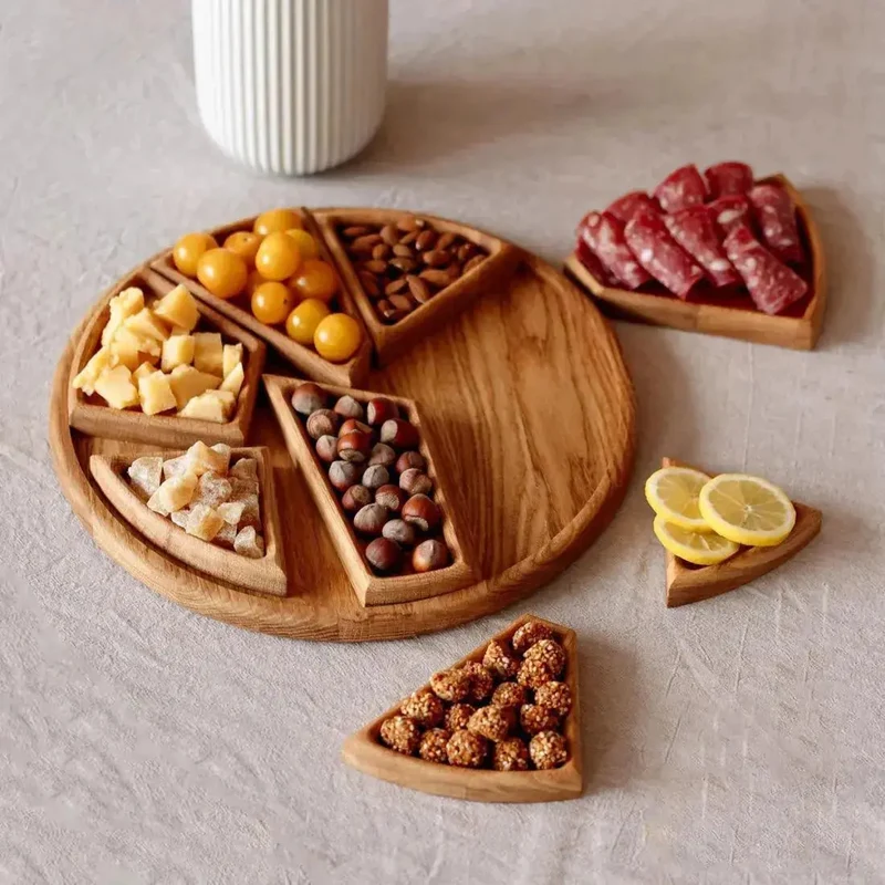 Houten Serveerschaal Set met 8 Uitneembare Vakjes Rond 25cm Naturel Hout | Sansoti