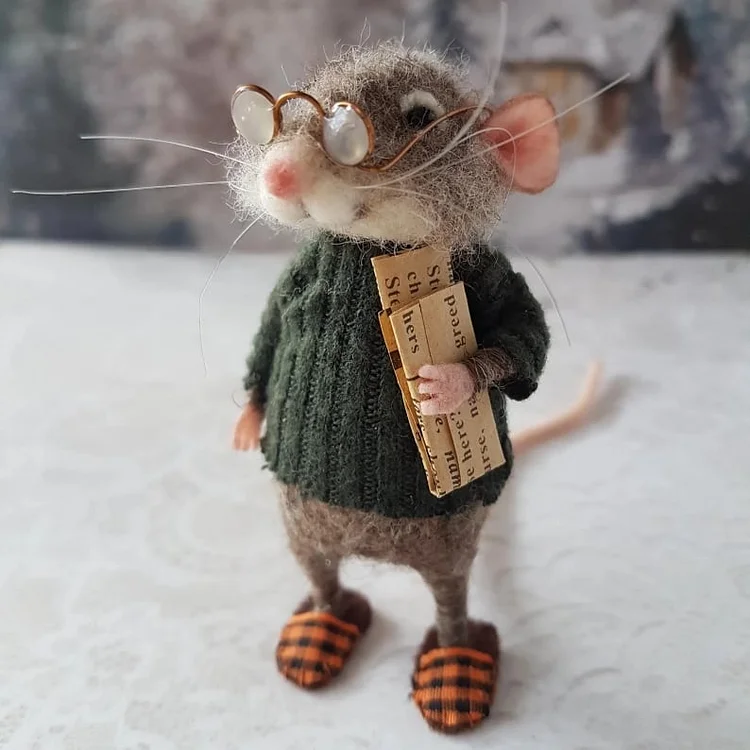 Handgemaakte Viltmuis Decoratiefiguur - Wol & Leer - 7,6 cm - Schattig Ornament voor Seizoensdecoratie | Sansoti