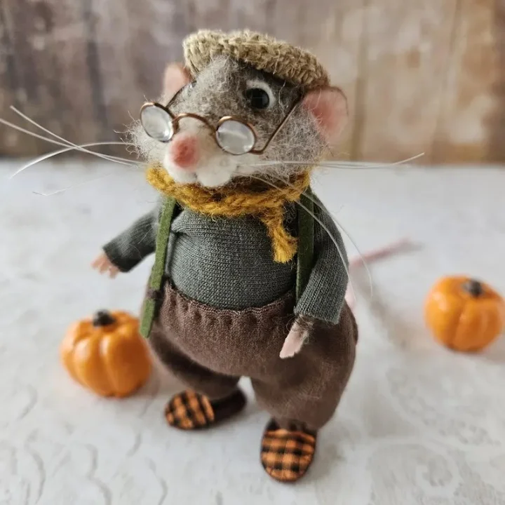 Handgemaakte Viltmuis Decoratiefiguur - Wol & Leer - 7,6 cm - Schattig Ornament voor Seizoensdecoratie | Sansoti