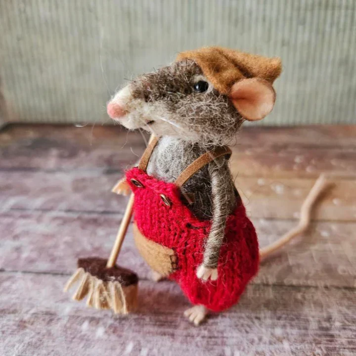 Handgemaakte Viltmuis Decoratiefiguur - Wol & Leer - 7,6 cm - Schattig Ornament voor Seizoensdecoratie | Sansoti