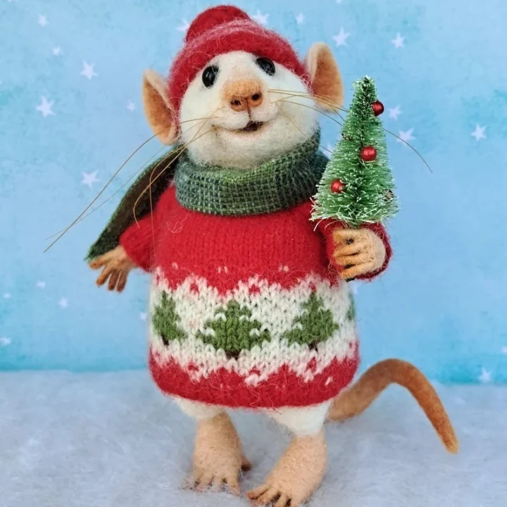 Handgemaakte Viltmuis Decoratiefiguur - Wol & Leer - 7,6 cm - Schattig Ornament voor Seizoensdecoratie | Sansoti