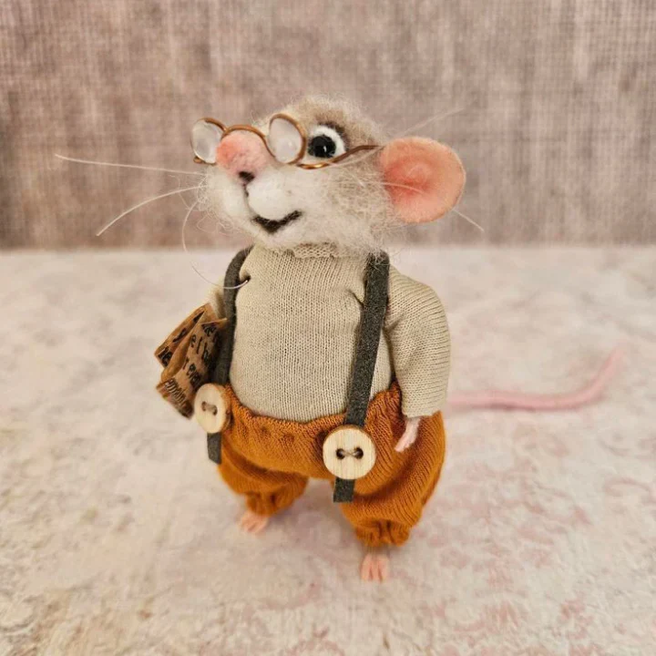 Handgemaakte Viltmuis Decoratiefiguur - Wol & Leer - 7,6 cm - Schattig Ornament voor Seizoensdecoratie | Sansoti