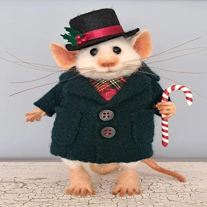 Handgemaakte Viltmuis Decoratiefiguur - Wol & Leer - 7,6 cm - Schattig Ornament voor Seizoensdecoratie | Sansoti