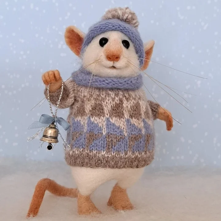 Handgemaakte Viltmuis Decoratiefiguur - Wol & Leer - 7,6 cm - Schattig Ornament voor Seizoensdecoratie | Sansoti