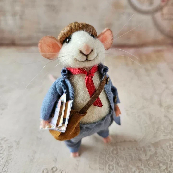 Handgemaakte Viltmuis Decoratiefiguur - Wol & Leer - 7,6 cm - Schattig Ornament voor Seizoensdecoratie | Sansoti