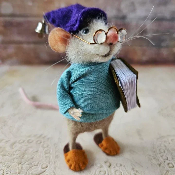 Handgemaakte Viltmuis Decoratiefiguur - Wol & Leer - 7,6 cm - Schattig Ornament voor Seizoensdecoratie | Sansoti