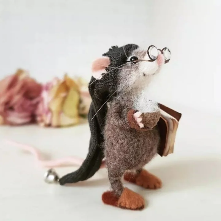 Handgemaakte Viltmuis Decoratiefiguur - Wol & Leer - 7,6 cm - Schattig Ornament voor Seizoensdecoratie | Sansoti