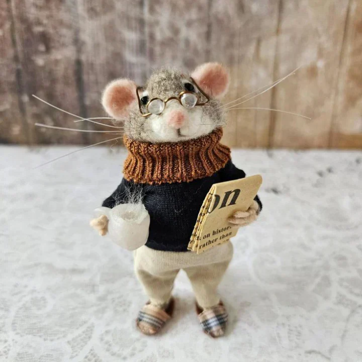 Handgemaakte Viltmuis Decoratiefiguur - Wol & Leer - 7,6 cm - Schattig Ornament voor Seizoensdecoratie | Sansoti