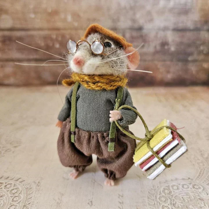Handgemaakte Viltmuis Decoratiefiguur - Wol & Leer - 7,6 cm - Schattig Ornament voor Seizoensdecoratie | Sansoti