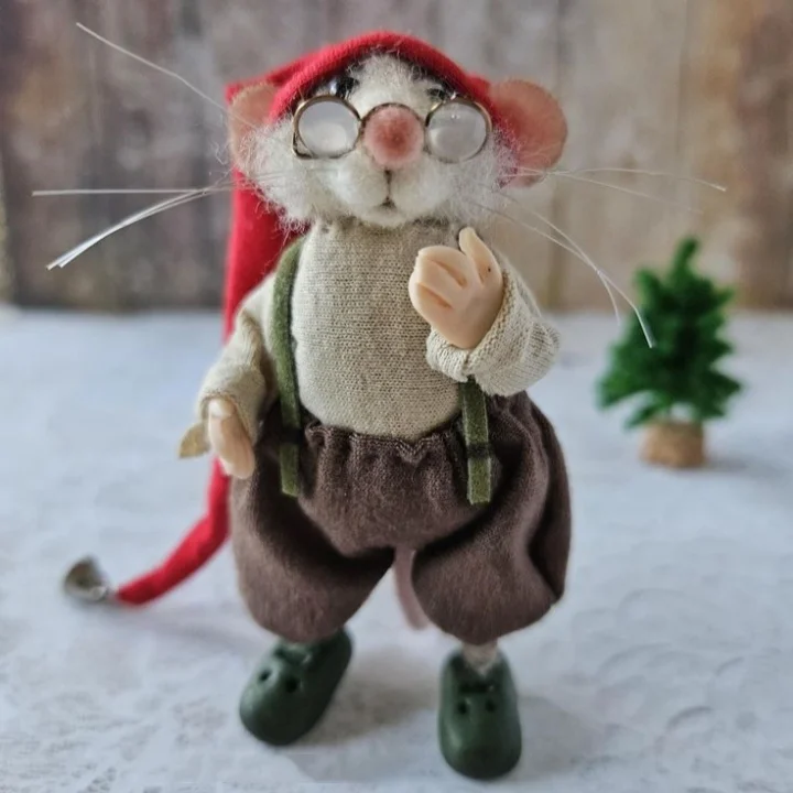 Handgemaakte Viltmuis Decoratiefiguur - Wol & Leer - 7,6 cm - Schattig Ornament voor Seizoensdecoratie | Sansoti