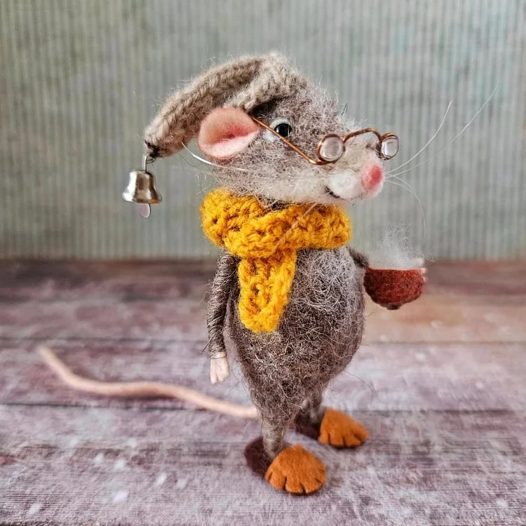 Handgemaakte Viltmuis Decoratiefiguur - Wol & Leer - 7,6 cm - Schattig Ornament voor Seizoensdecoratie | Sansoti