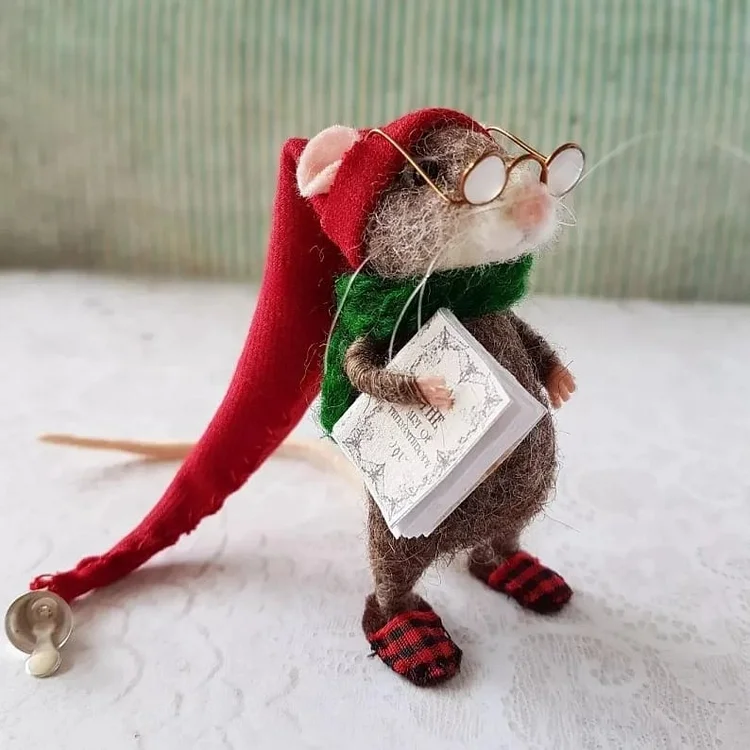 Handgemaakte Viltmuis Decoratiefiguur - Wol & Leer - 7,6 cm - Schattig Ornament voor Seizoensdecoratie | Sansoti