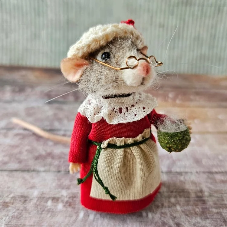 Handgemaakte Viltmuis Decoratiefiguur - Wol & Leer - 7,6 cm - Schattig Ornament voor Seizoensdecoratie | Sansoti