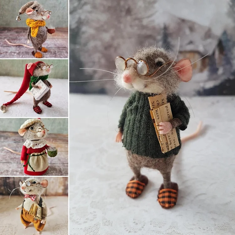 Handgemaakte Viltmuis Decoratiefiguur - Wol & Leer - 7,6 cm - Schattig Ornament voor Seizoensdecoratie | Sansoti