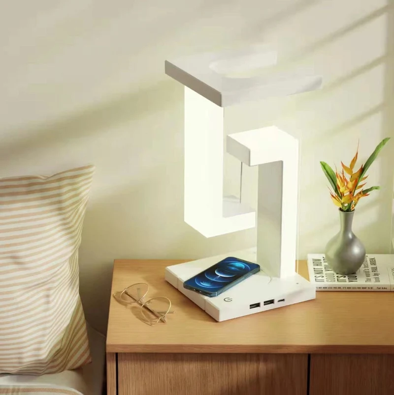 Zwevende Tafellamp met Draadloze Oplader Magnetisch Dimbaar Wit Bureau Nachtlamp Modern Touch Schakelaar | Sansoti