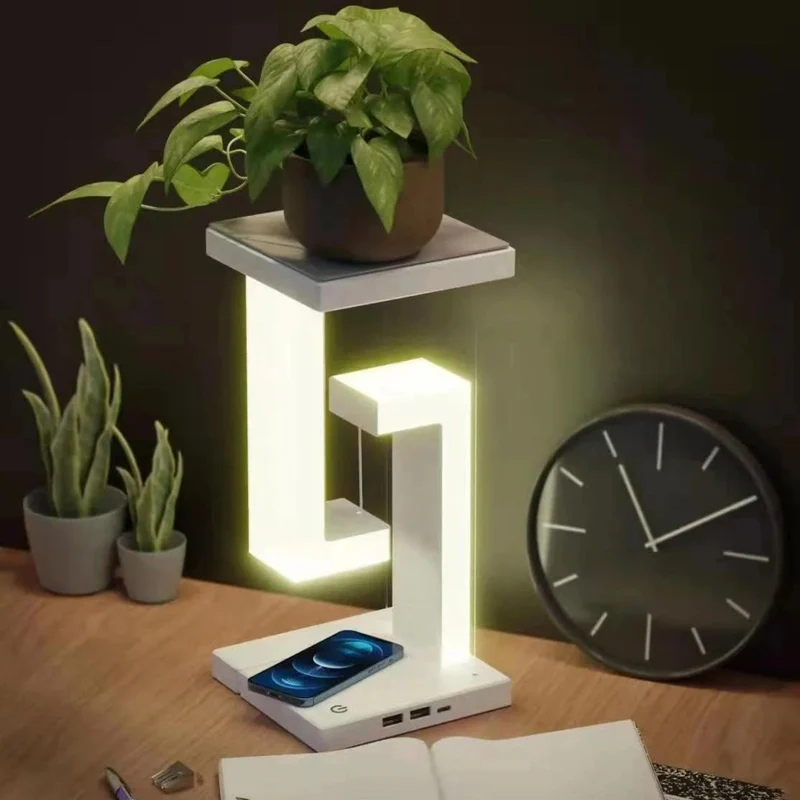 Zwevende Tafellamp met Draadloze Oplader Magnetisch Dimbaar Wit Bureau Nachtlamp Modern Touch Schakelaar | Sansoti