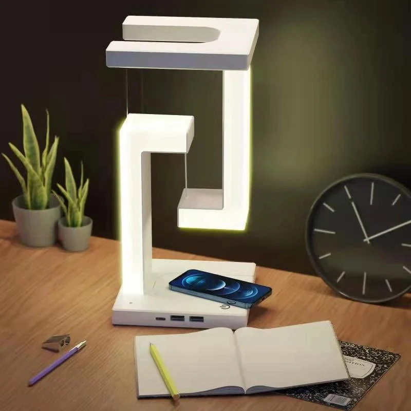 Zwevende Tafellamp met Draadloze Oplader Magnetisch Dimbaar Wit Bureau Nachtlamp Modern Touch Schakelaar | Sansoti