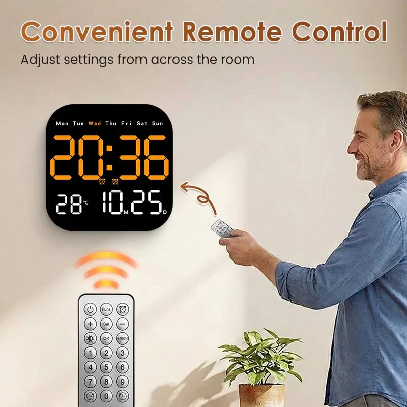 Digitale Wandklok met Afstandsbediening Temperatuurweergave Datum Dimbaar Modern Design voor Kantoor Slaapkamer | Sansoti