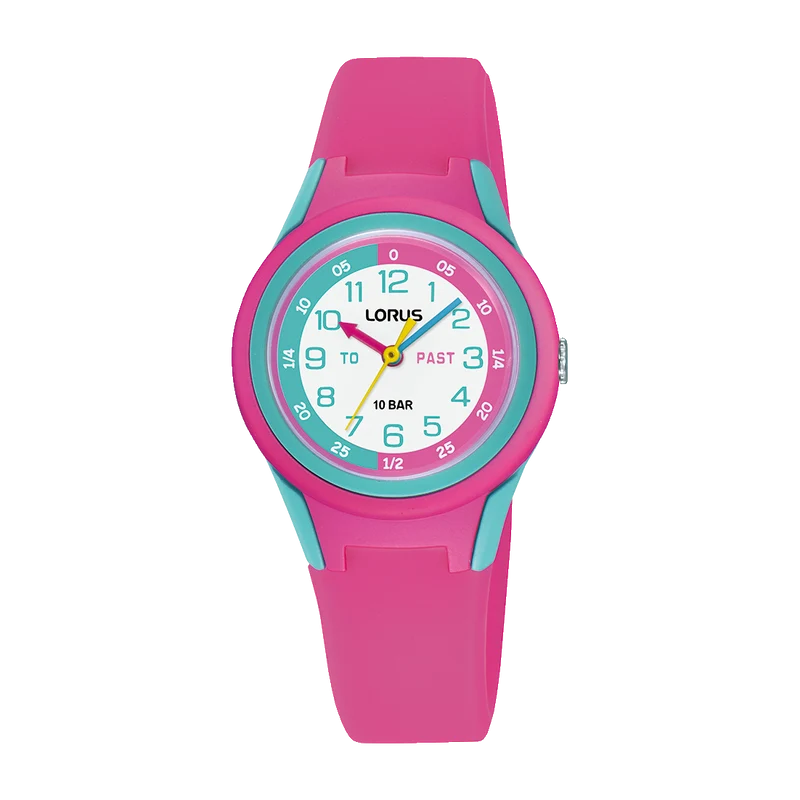 Lorus Young RRX81JX9 Mädchen Armbanduhr • Weißes Zifferblatt • Pinkes Silikonarmband