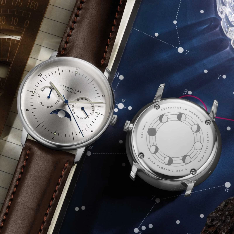 Sternglas Naos Moonphase S01-NM52-BR03 Herrenuhr • Preisgekröntes Bauhaus-Design aus Hamburg • Kratzfestes Saphirglas