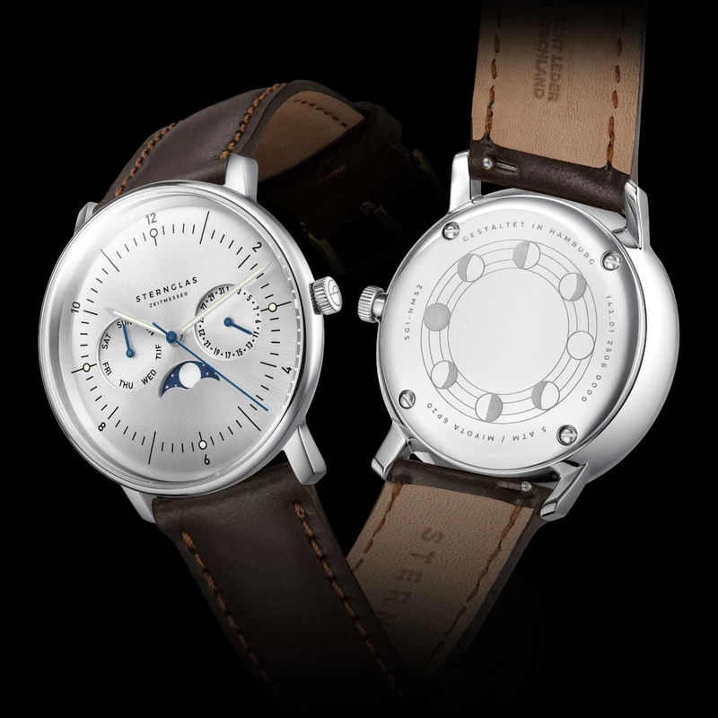Sternglas Naos Moonphase S01-NM52-BR03 Herrenuhr • Preisgekröntes Bauhaus-Design aus Hamburg • Kratzfestes Saphirglas