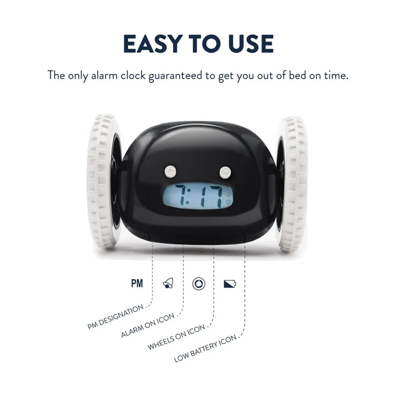 Clocky Black - Alarm clock on wheels